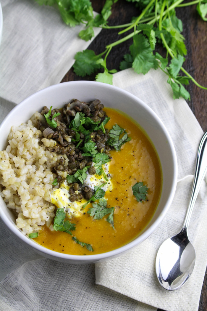 A House // Sweet Potato and Coconut Milk Soup with Brown Rice and Lentils