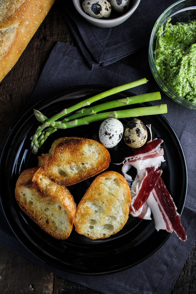 An Easter Appetizer // Duck Fat Toasts with Quail Eggs and Asparagus Pesto