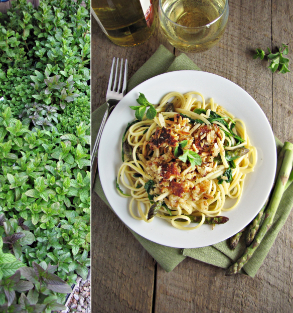 Asparagus and Arugula Pasta with Almond-Parmesan Crumble