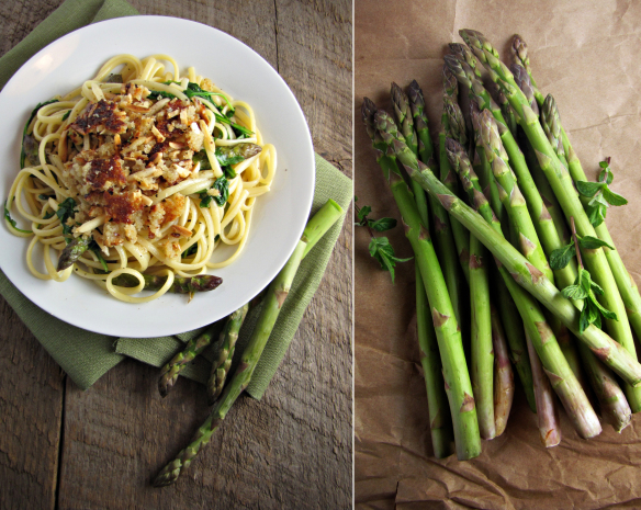 Asparagus and Arugula Pasta with Almond-Parmesan Crumble