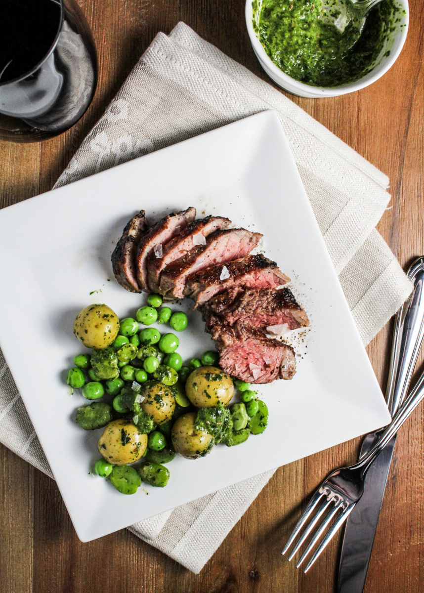 Grilled Lamb with Fava Beans, Sweet Peas, and Mint Chutney Dining and