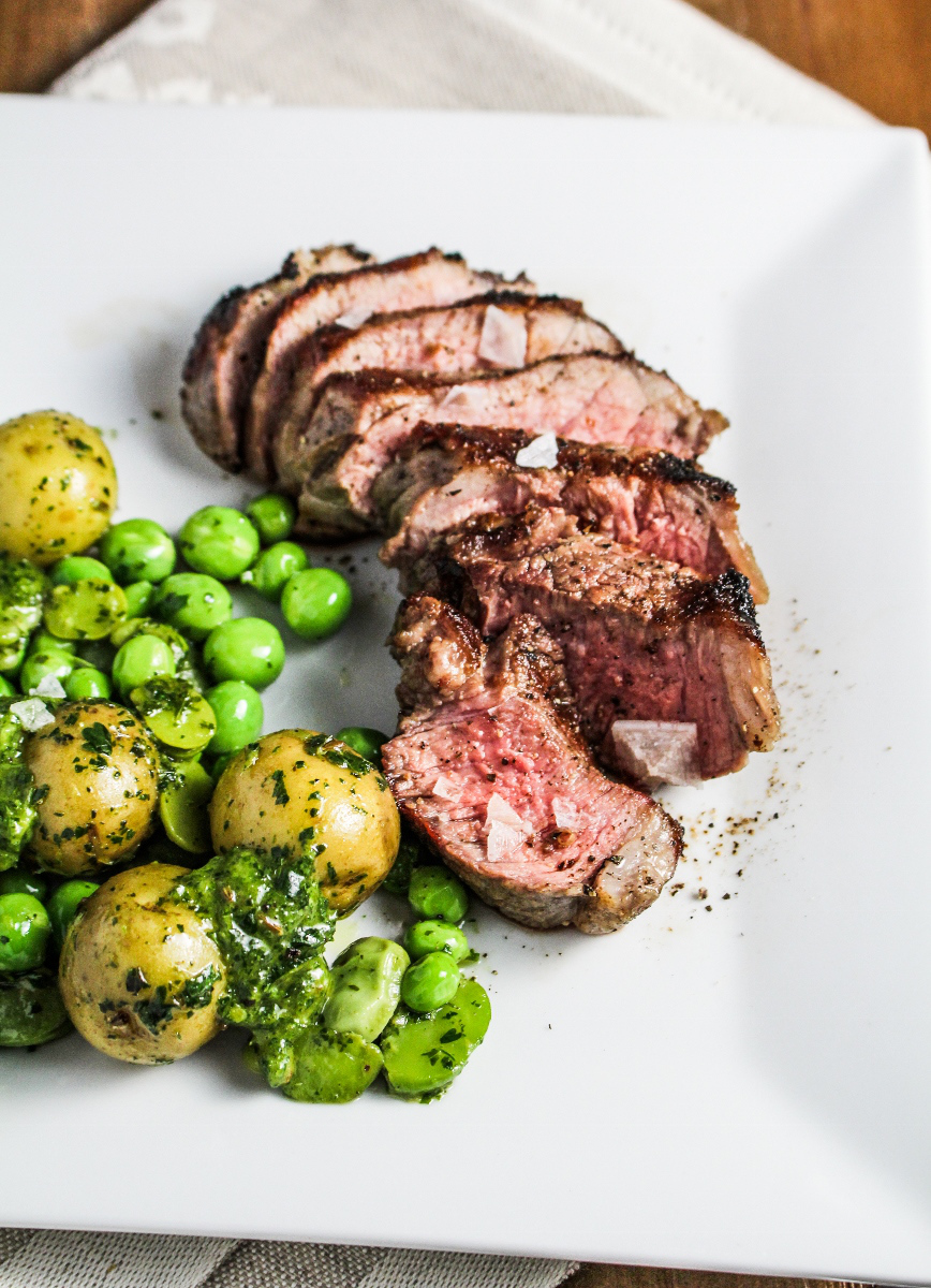 Grilled Lamb with Fava Beans, Sweet Peas, and Mint Chutney Dining and