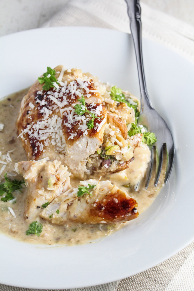 Book Club: Hungry for France // Pistachio-Stuffed Chicken Breasts with Parmesan Cream Sauce