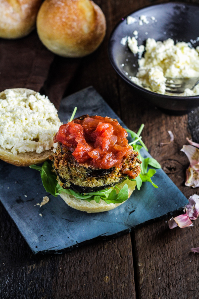 Crispy Eggplant Sandwiches with Roasted Garlic Ricotta Spread Dining