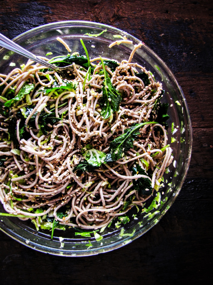 Soba Noodles with Kale, Slivered Brussels Sprouts and Sesame Dressing
