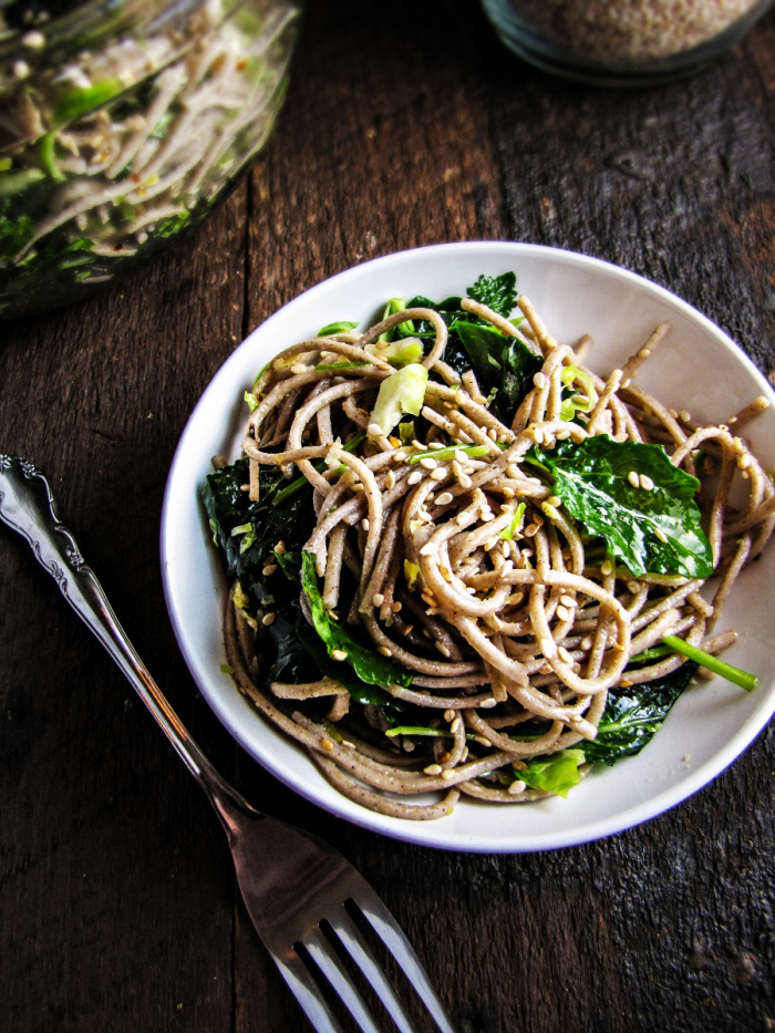 Soba Noodles with Kale, Slivered Brussels Sprouts and Sesame Dressing