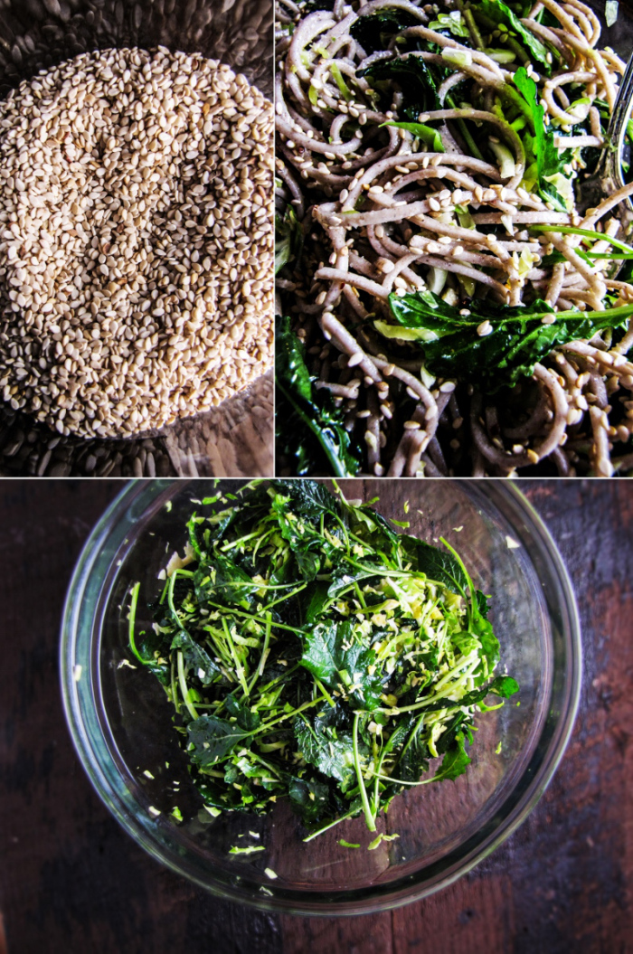 Soba Noodles with Kale, Slivered Brussels Sprouts and Sesame Dressing