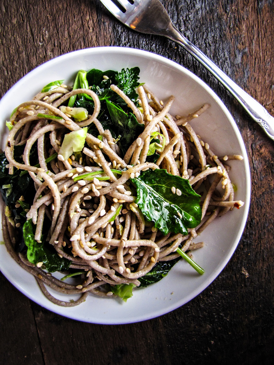 Soba Noodles with Kale, Slivered Brussels Sprouts and Sesame Dressing