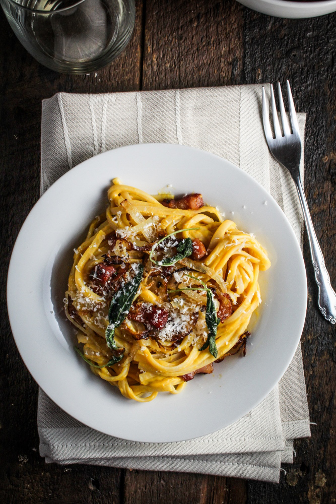 Butternut Squash Carbonara with Fried Sage and Caramelized Onions