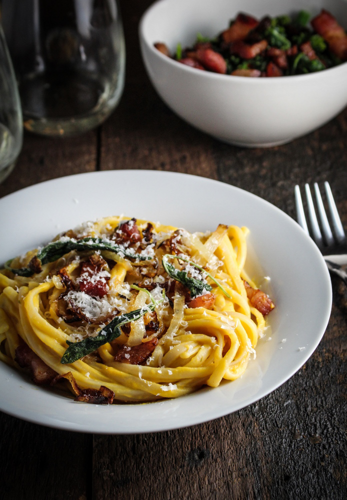 Butternut Squash Carbonara with Fried Sage and Caramelized Onions