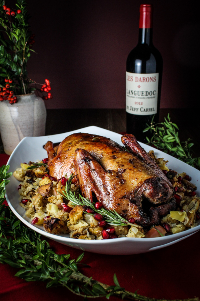 Captain's Table Christmas // Rum-and-Pomegranate Glazed Roast Duck with Boozy Chestnut-Apple Stuffing