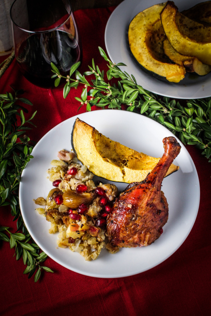 Captain's Table Christmas // Rum-and-Pomegranate Glazed Roast Duck with Boozy Chestnut-Apple Stuffing