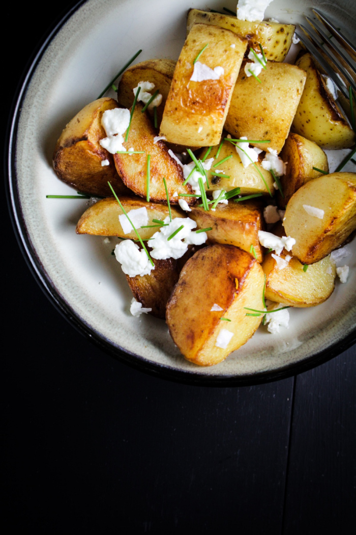 Crispy Sea Salt and Vinegar Potatoes with Goat Cheese and Chives