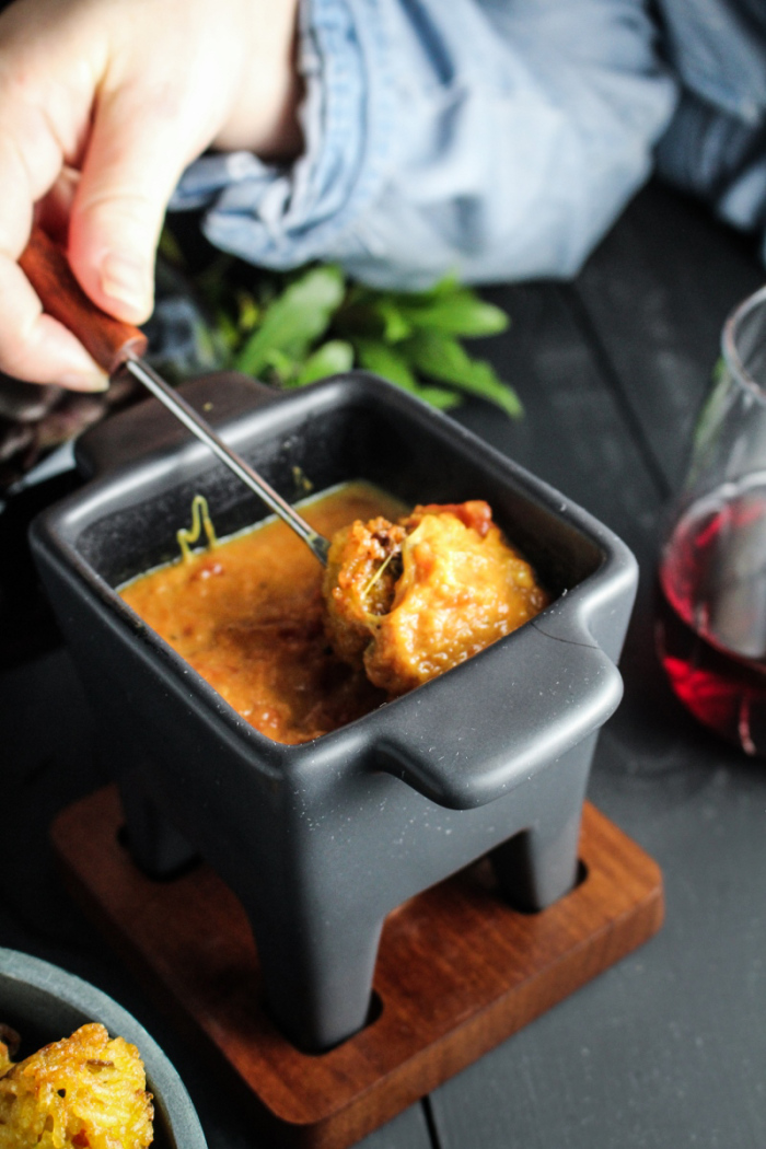 Date Night with Uncommon Goods // Curried Tomato-Gruyere Fondue with Indian-Spiced Arancini