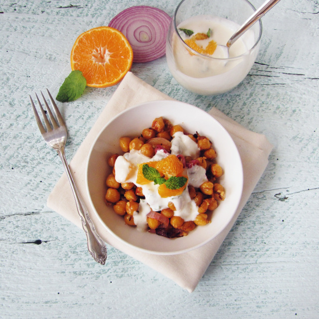 Fried Chickpeas with Orange-Mint-Yogurt Sauce