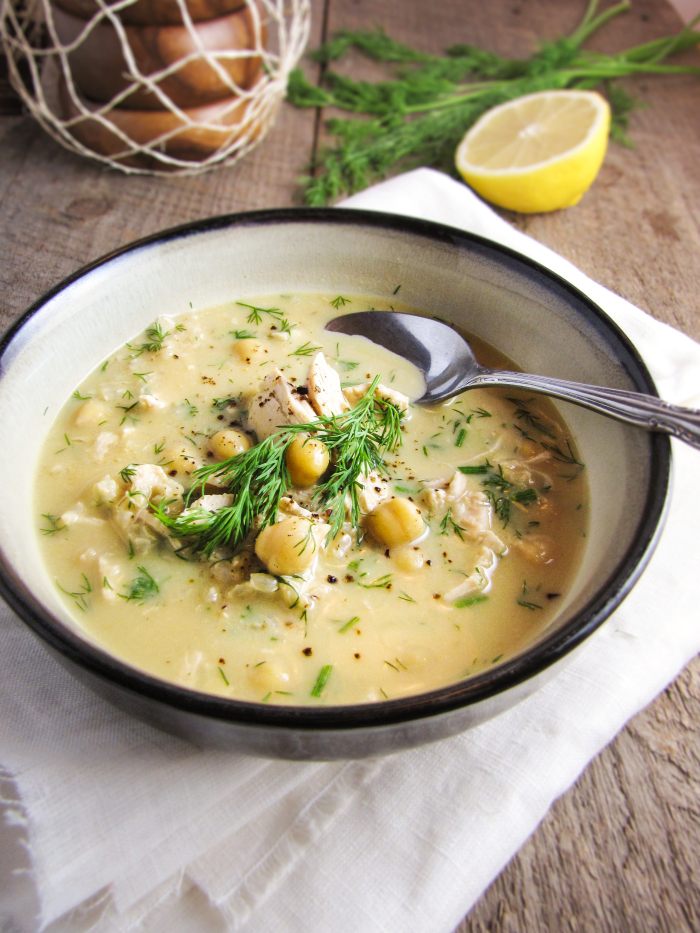 Greek Egg and Lemon Soup with Chicken, Brown Rice, and Chickpeas