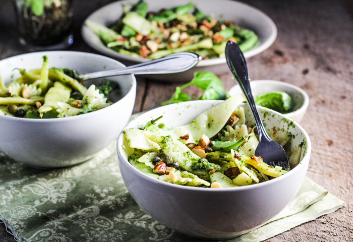 Green Bean Farfalle with Pesto, Capers, and Almonds