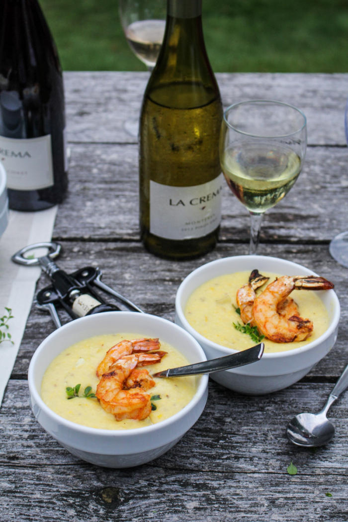 La Crema Wine Dinner // Corn Chowder with Paprika-Grilled Shrimp, Grilled Leg of Lamb with Ratatouille, Pear and Rosemary Crumb Bars
