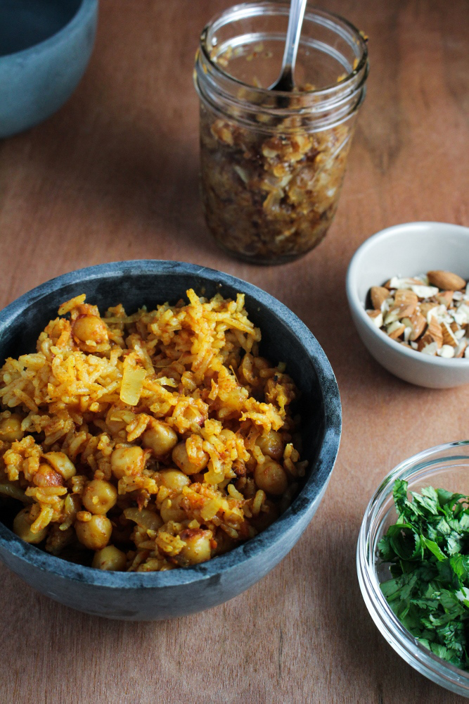 Monthly Fitness Goals: February // Pakistani Chickpea Pulao with Sweet Hot Date-Onion Chutney