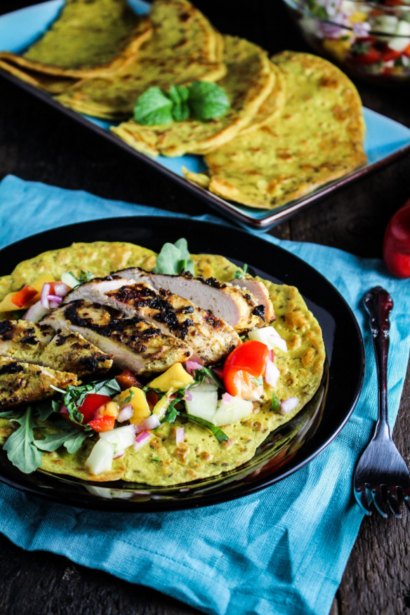Monthly Fitness Goals: June // Chickpea Crepes with Grilled Curry Chicken and Mango Salsa