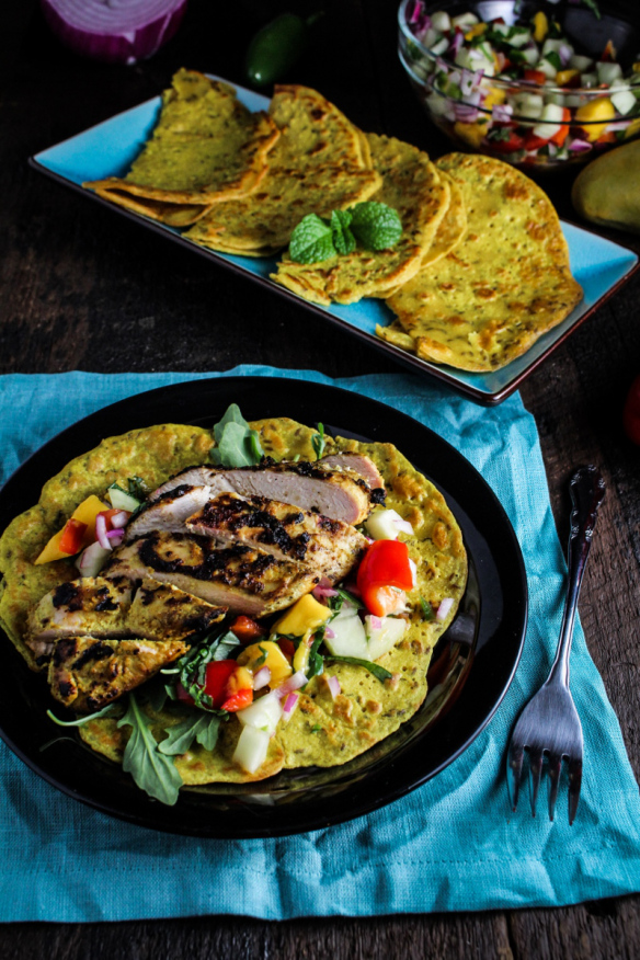 Monthly Fitness Goals: June // Chickpea Crepes with Grilled Curry Chicken and Mango Salsa