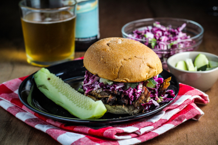 Pulled Pork Sandwich with Coleslaw and Pickles