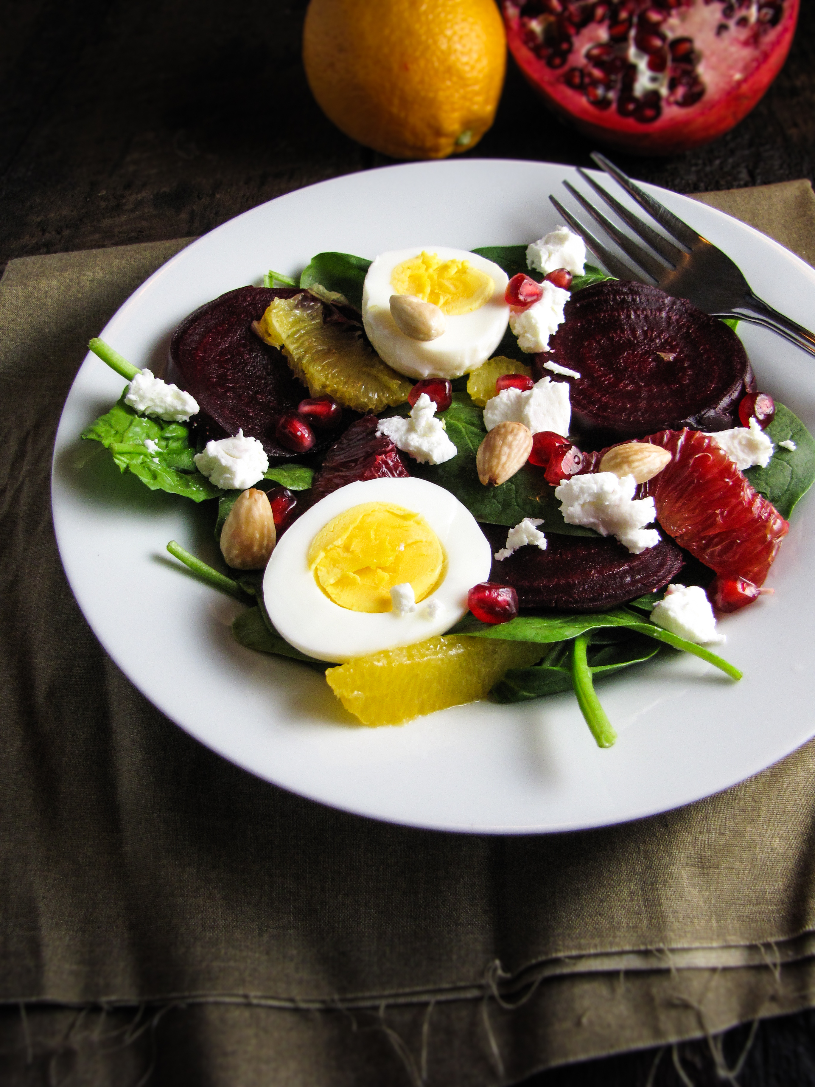 Roasted Beet And Spinach Salad With Goat Cheese Eggs Pomegranate