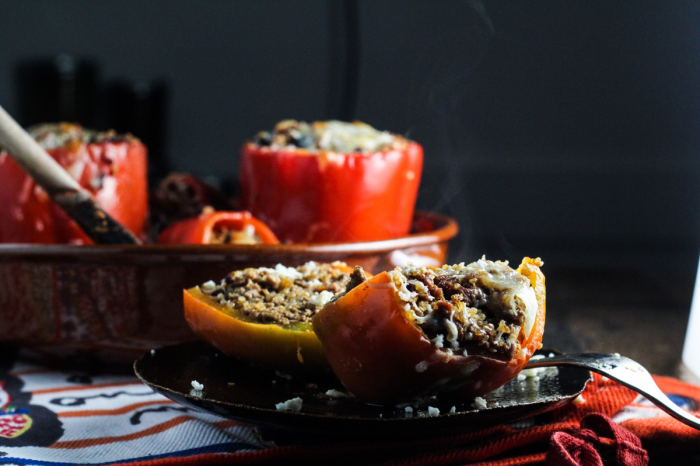 Stuffed Peppers with Black Beans, Quinoa, Beef, and Chipotle Sauce
