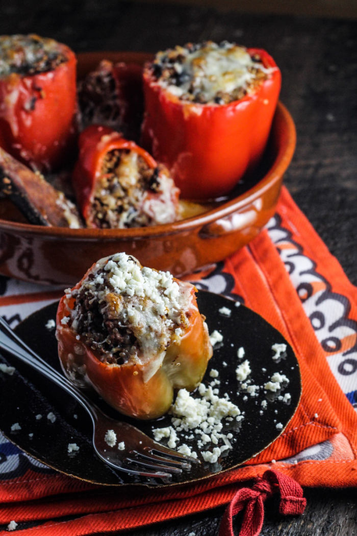 Stuffed Peppers with Black Beans, Quinoa, Beef, and Chipotle Sauce