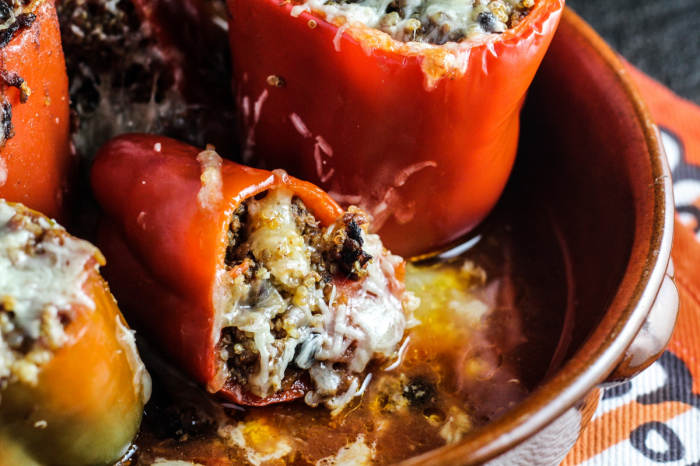 Stuffed Peppers with Black Beans, Quinoa, Beef, and Chipotle Sauce