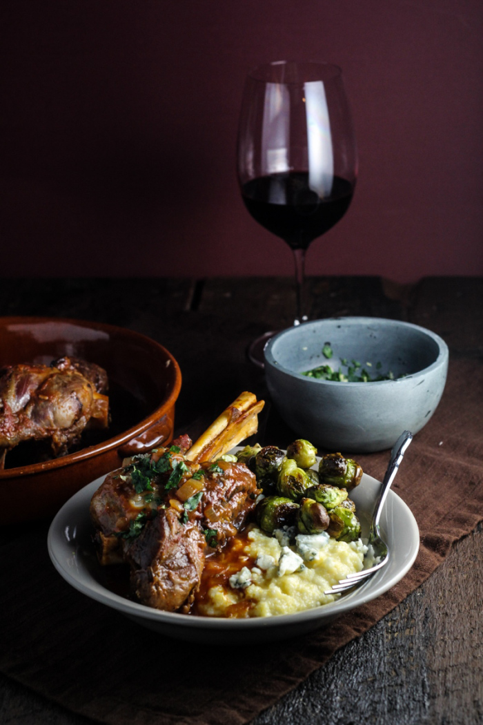 Sunday Dinner // Braised Lamb Shanks with Fresh Corn and Blue Cheese Polenta, Brussels Sprouts, and Classic Apple Pie