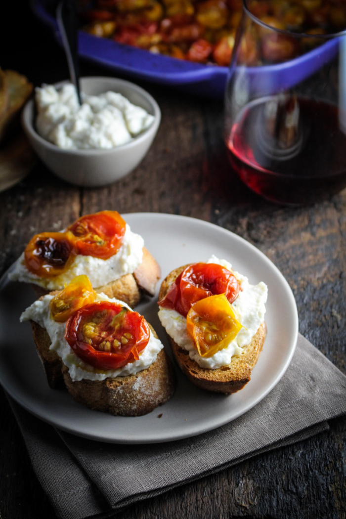 Sunday Dinner // Ricotta and Cherry Tomato Crostini, Eggplant and Pesto Napoleons, and Blackberry Pie