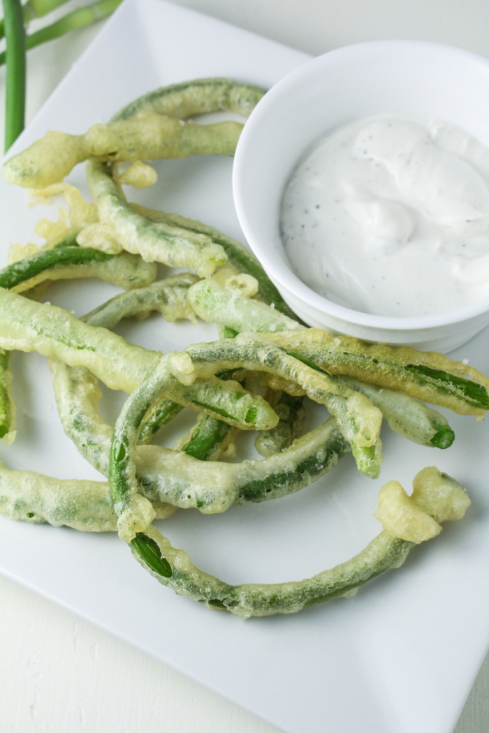 The First Harvest // Garlic Scape Tempura with Goat Cheese Dip