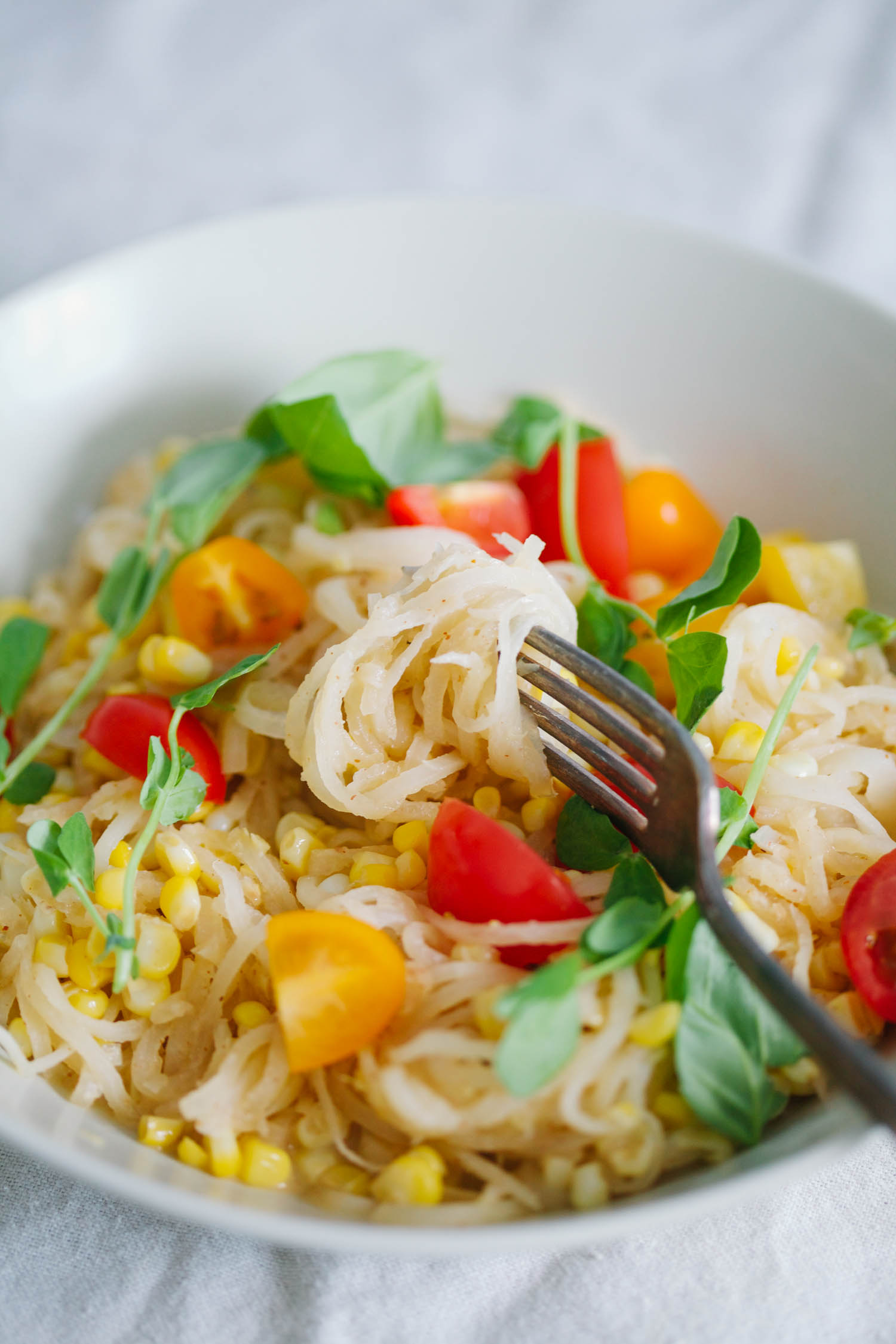 Daikon Radish Pasta With Corn and Tomatoes in Creamy Coconut Sauce