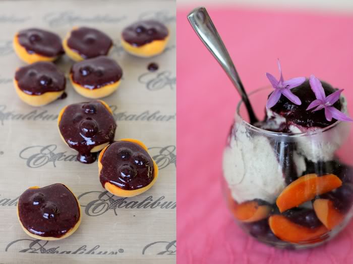 Lavender Ice Cream with Apricots Poached in Blueberry Sauce