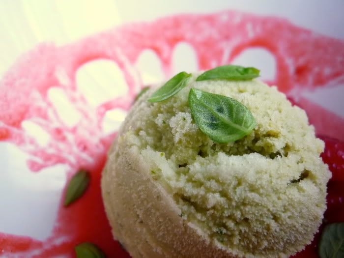 Lemon &amp; Basil Ice Cream with Raspberry Sauce and Summer Fruit