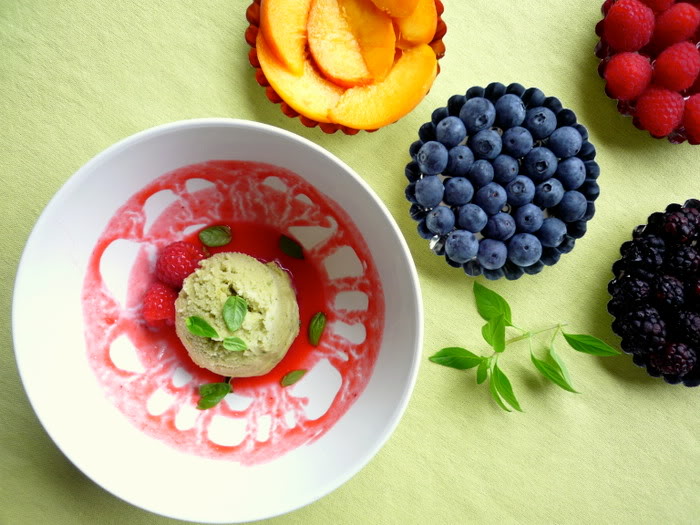 Lemon &amp; Basil Ice Cream with Raspberry Sauce and Summer Fruit