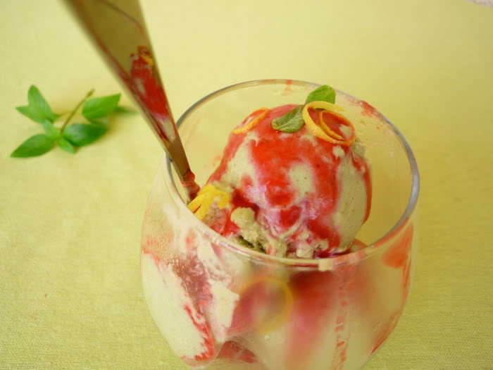 Lemon &amp; Basil Ice Cream with Raspberry Sauce and Summer Fruit