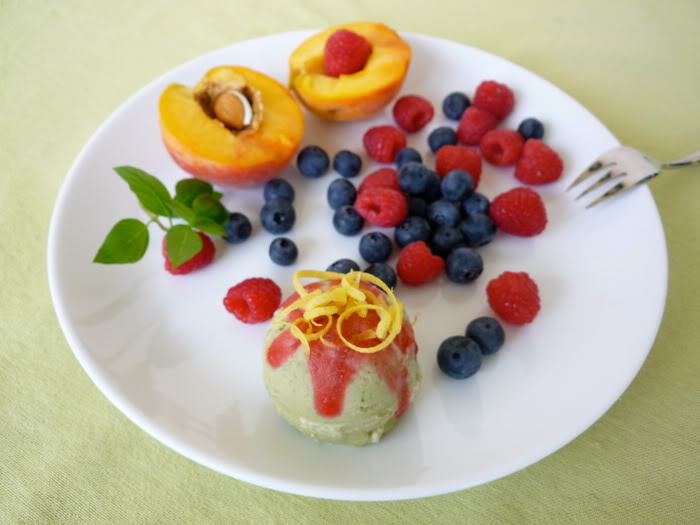 Lemon &amp; Basil Ice Cream with Raspberry Sauce and Summer Fruit