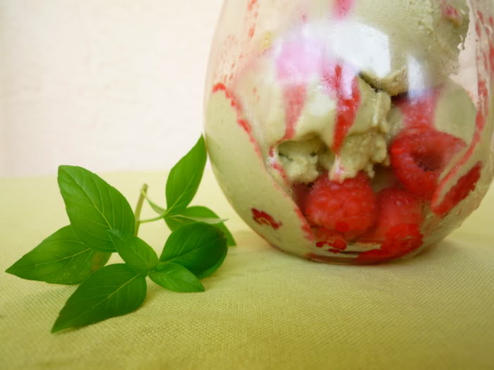 Lemon &amp; Basil Ice Cream with Raspberry Sauce and Summer Fruit