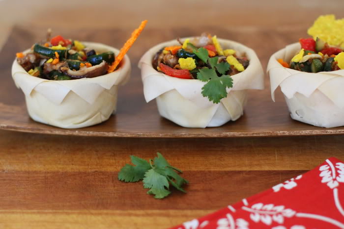 Raw Caramelized Vegetables in Crispy Coconut Cups