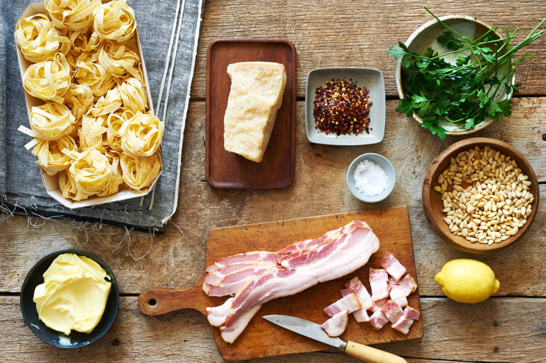 Pasta With Bacon, Cheese, Lemon and Pine Nuts