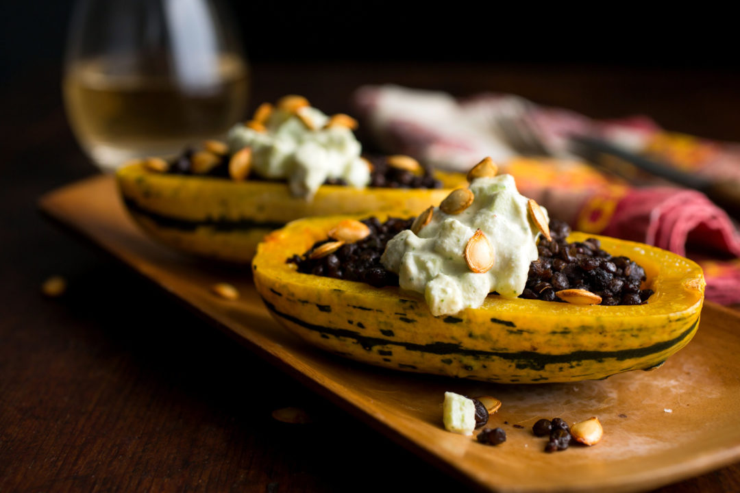 Stuffed Delicata Squash With Lentils and Cashew Raita