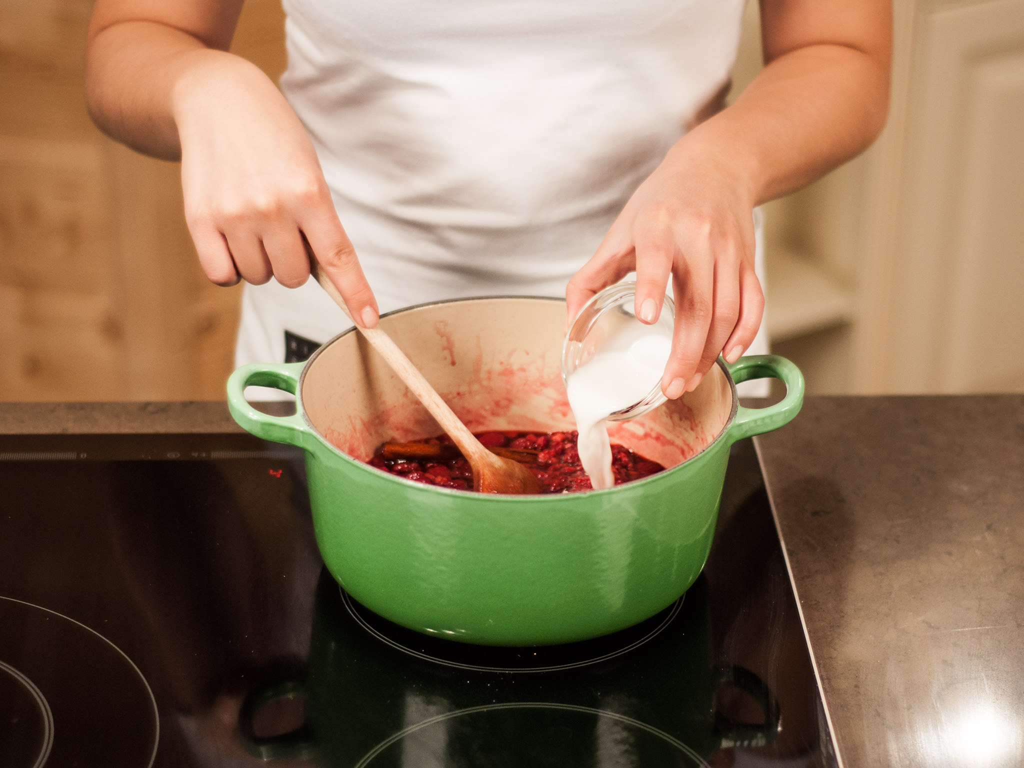 Baked vanilla pudding with hot raspberries