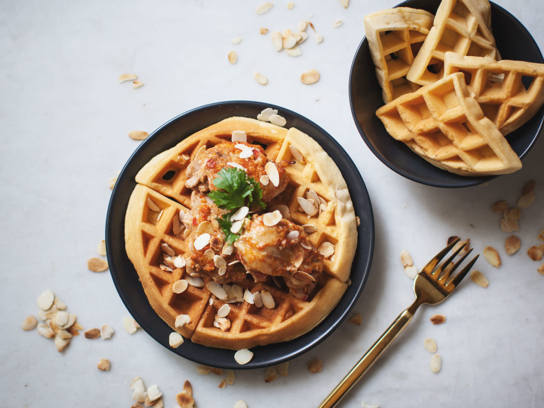 Mexican chicken with corn waffles