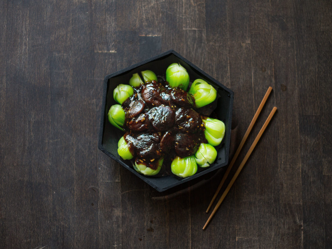 Blanched bok choy with shiitake mushrooms