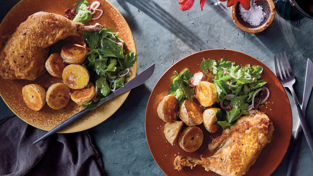 Chicken Confit With Roasted Potatoes and Parsley Salad