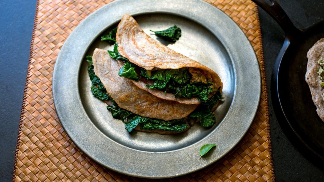 Dosas With Mustard Greens and Pumpkin-Seed Chutney