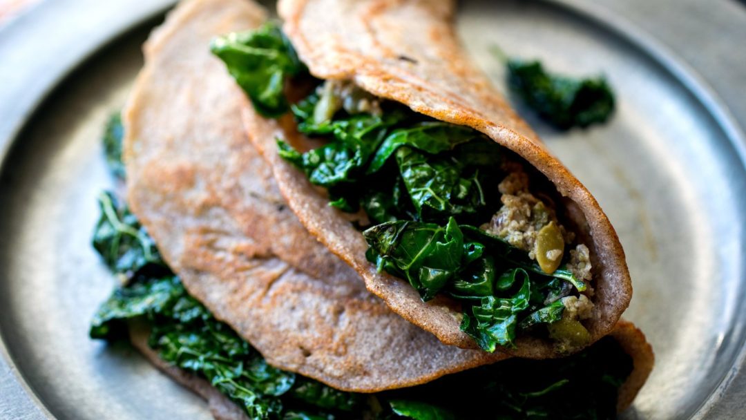 Dosas With Mustard Greens and Pumpkinseed Chutney