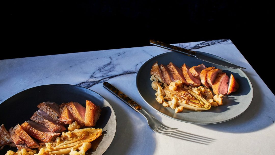 Duck Breast With Braised Belgian Endive, Shaved Cauliflower and Green Peppercorns